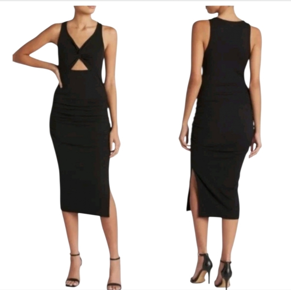 Michael Stars Guilia Black Cut Out Ruched Midi Dress Side Slit Sz M NWT